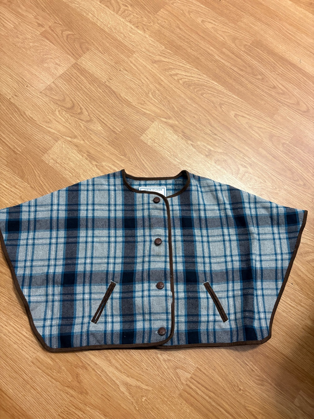 Janie and Jack Blue Plaid Wool-Blend Riding Jacket with Brown Trim